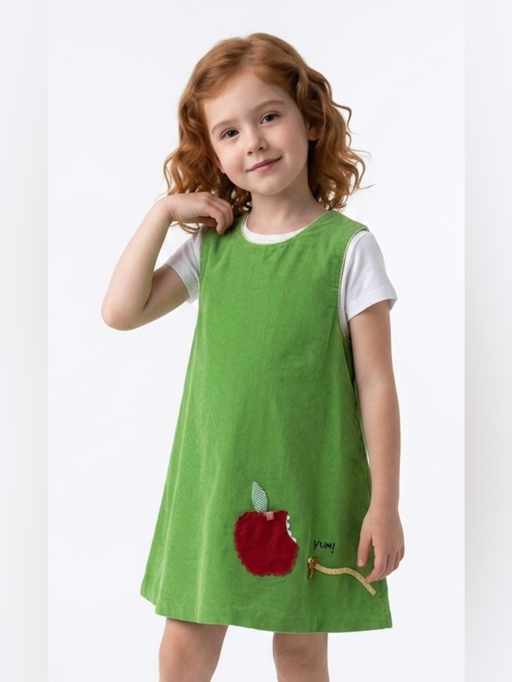Mary James Girl’s 4T lime green A-line corduroy jumper dress apple worm school